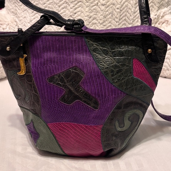 Sharif Handbags - SHARIF Handbag Green Purple & Red Embossed Leather Full Zip